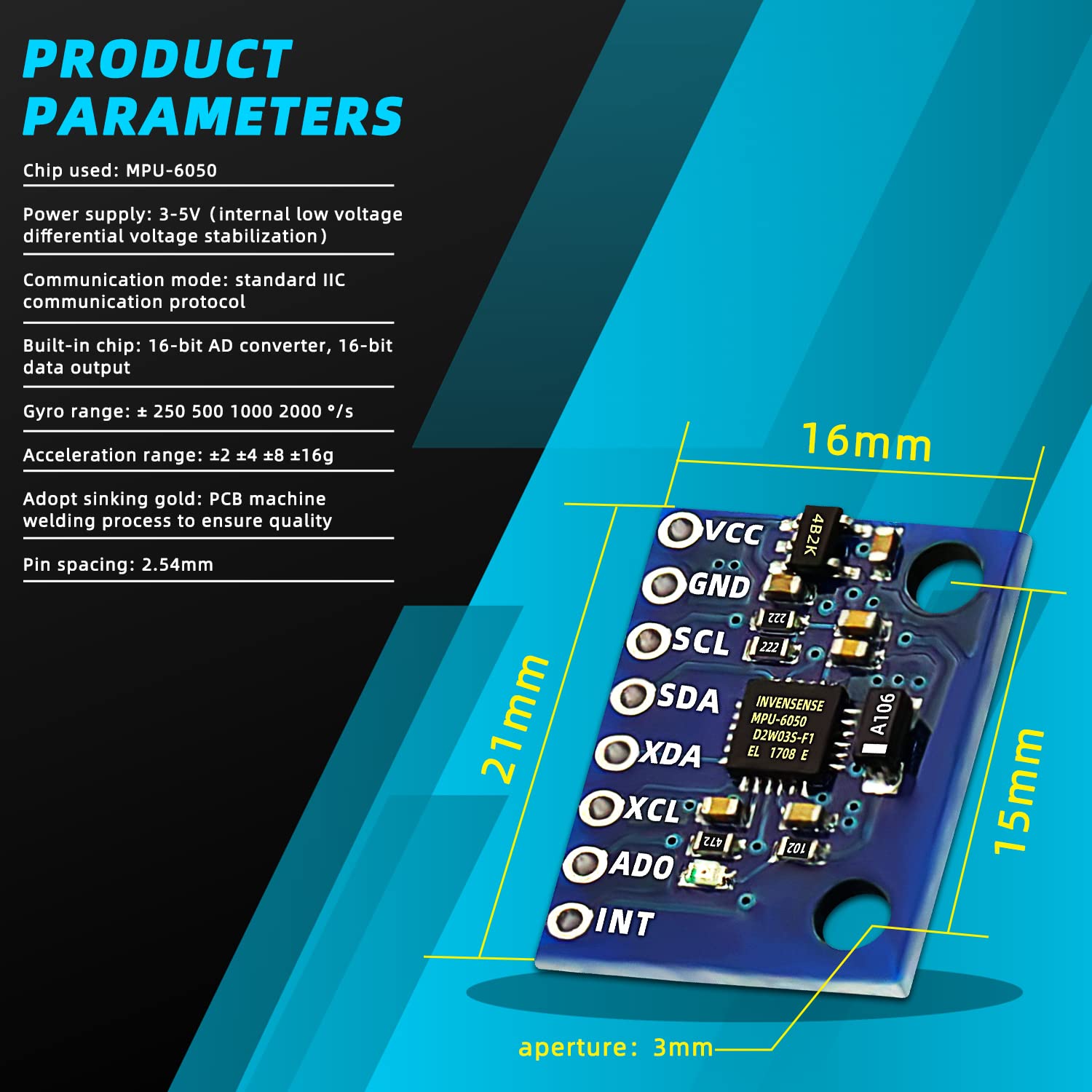 DaFuRui 5Pack GY-521 MPU-6050 Module 6 DOF 3 Axis Accelerometer Gyroscope Sensor Module 16 Bit AD Converter Data Output IIC I2C Compatible for Arduino