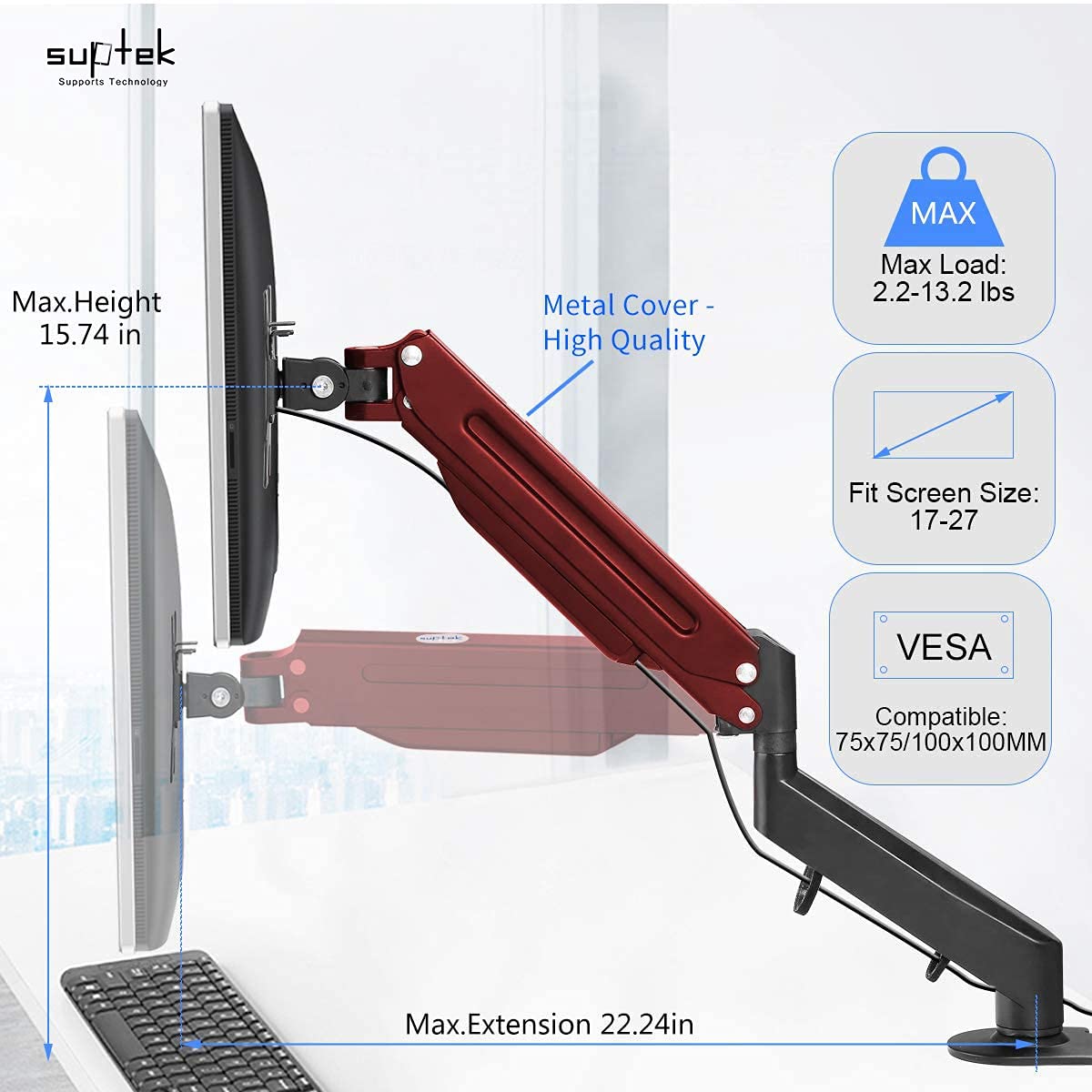 Suptek Monitor Mount Gas Spring Monitor Arm Desk Mount Fully Adjustable Fits 17 20 22 23 24 26 27 inch Monitors Weight Capacity up to 13.2 lbs