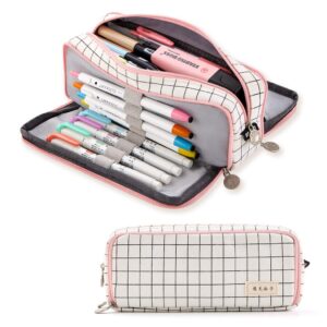 angoobaby large pencil case big capacity 3 compartments canvas pencil pouch for teen boys girls school students (pink strip black grid)