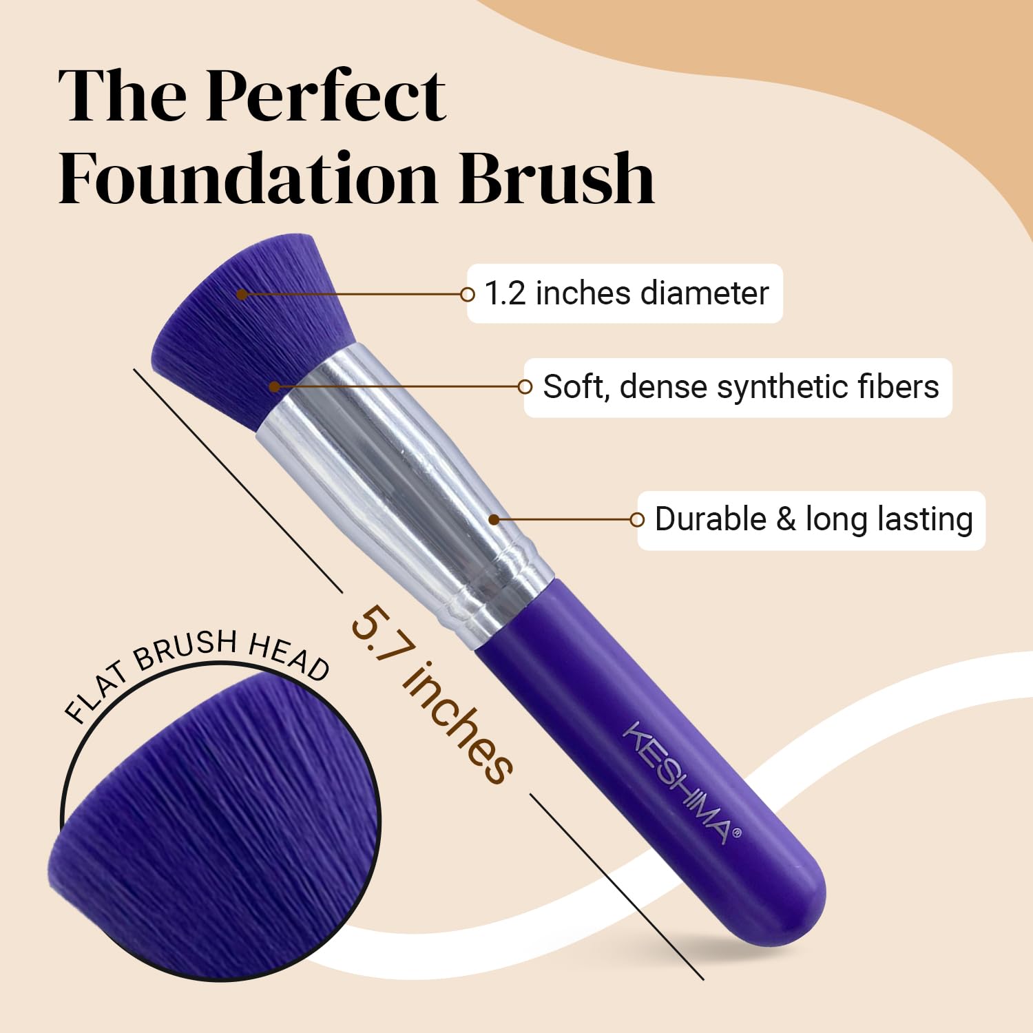 Foundation Brush Flat Top Kabuki By Keshima - Premium Foundation Brush for Liquid Makeup, Cream, and Powder - Buffing, Blending, and Face Brush (Regular Size, Neon Purple)