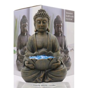 goodeco 12" meditating buddha statue figurine w/lotus - zen garden statues for indoor/outdoor decor- with magical glow in dark pebbles & glass stones, ideal gifts for home (brown)