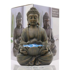 Goodeco 12" Meditating Buddha Statue Figurine w/Lotus - Zen Garden Statues for Indoor/Outdoor Decor- with Magical Glow in Dark Pebbles & Glass Stones, Ideal Gifts for Home (Brown)