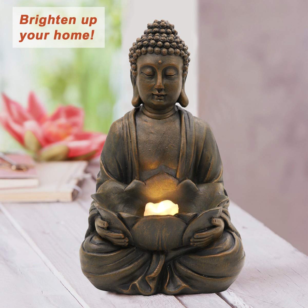 Goodeco 12" Meditating Buddha Statue Figurine w/Lotus - Zen Garden Statues for Indoor/Outdoor Decor- with Magical Glow in Dark Pebbles & Glass Stones, Ideal Gifts for Home (Brown)