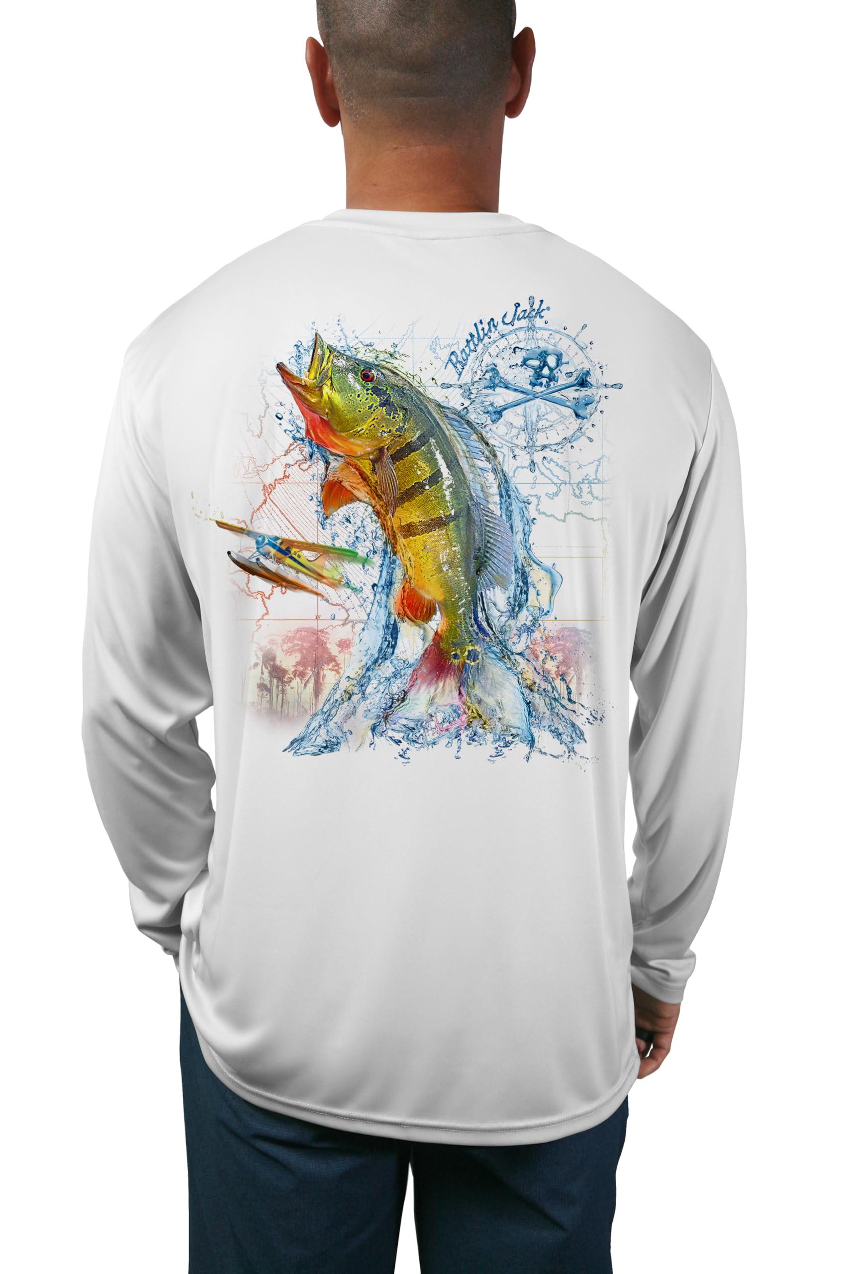 Rattlin Jack Men's UPF 50+ Peacock Bass Fishing Shirts Long Sleeve L White