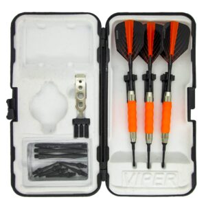 Sure Grip Viper Orange Soft Tip Darts with Dart Case & Accessories Choice of Flights 16 or 18 Grams Plus I Love Darts Bracelet (Harrows Quantum, 18g)