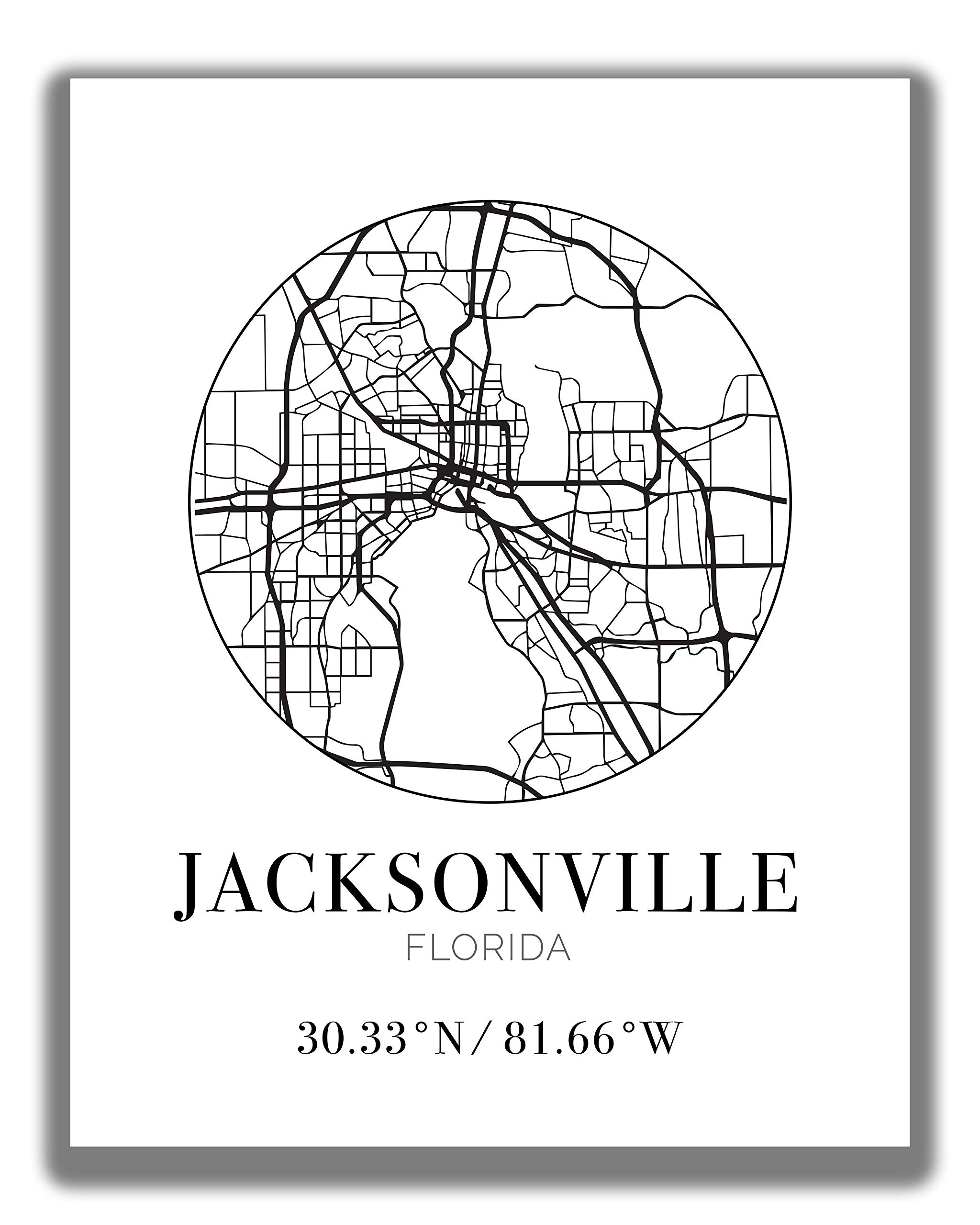 Jacksonville FL City Street Map Wall Art - 11x14 UNFRAMED Modern Abstract Black & White Aerial View Decor Print with Coordinates. Makes a great Florida -Themed Gift.