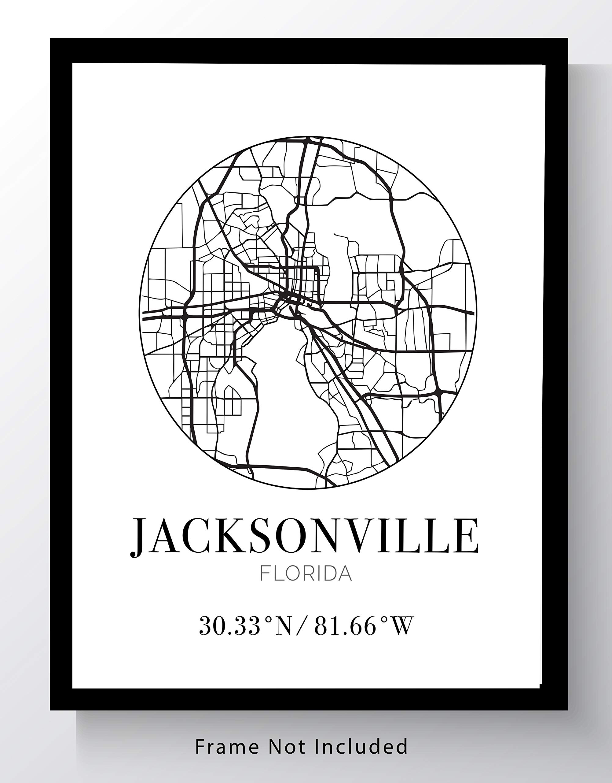 Jacksonville FL City Street Map Wall Art - 11x14 UNFRAMED Modern Abstract Black & White Aerial View Decor Print with Coordinates. Makes a great Florida -Themed Gift.