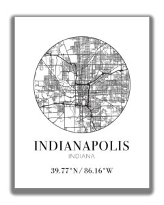 indianapolis in city street map wall art - 11x14 unframed modern abstract black & white aerial view decor print with coordinates. makes a great indiana -themed gift.