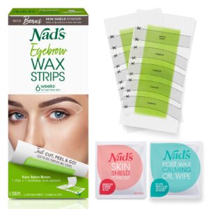 nad's eyebrow wax strips - facial hair removal for women - eyebrow wax kit with 6 eyebrow waxing strips + 6 calming oil wipes + 2g skin protection powder, 1 count