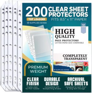 sheet protectors for 3 ring binder - 200 premium clear plastic page protectors for 3 ring binder - sleeves 8.5 x 11 for paper & documents