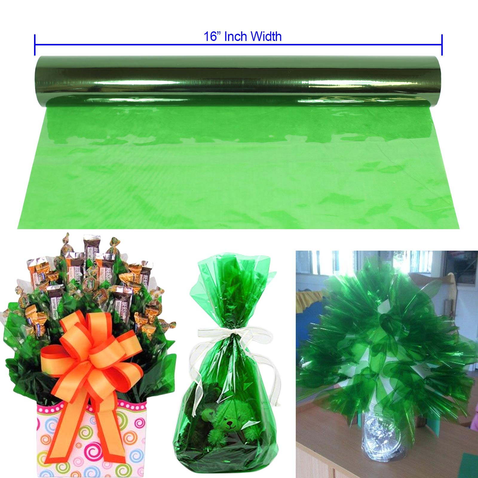 Cellophane Wrap Roll Green | 100’ Ft. Long X 16” in. Wide | 2.3 Mil Thick Transparent Green | Gifts, Baskets, Arts & Crafts, Treats, Cellophane Wrapping Paper | Colorful Cello Christmas, Holiday Color