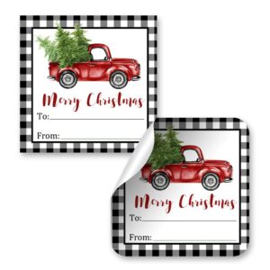 black buffalo plaid red watercolor pickup truck christmas tag stickers, set of 12 2.5 x 2.5 square holiday present labels by amandacreation
