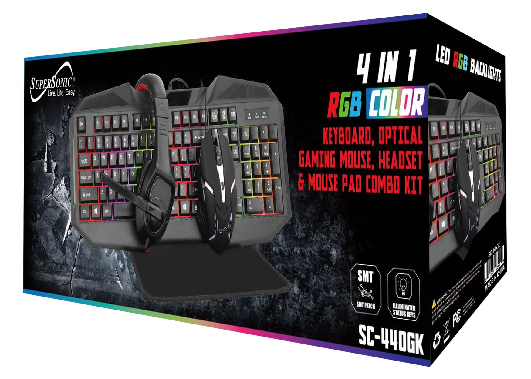 Supersonic SC-440GK 4 in 1 RGB Color Gaming Kit USB Gaming Keyboard, 6D Glowing Mouse, Mouse Pad and Headset Gaming Bundle for Gamer/Computer PC Game/PS4/PS5/XBox -Stylish & Durable Design