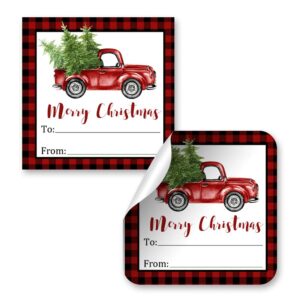 red buffalo plaid watercolor pickup truck christmas tag stickers, set of 12 2.5 x 2.5 square holiday present labels by amandacreation