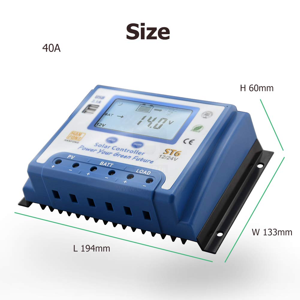 40A Solar Charge Controller 12V/24V Automatic Voltage Recognition Solar Panel Charging Discharge Regulator with Dual 5V USB Output Backlight LCD Display