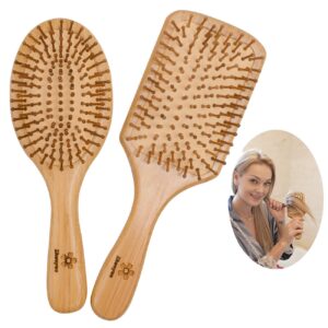 zhuoyue wooden bamboo hair brush - paddle hair brush set with bamboo bristle reduce frizzy & massage scalp 2 pcs