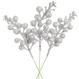 Lvydec 16pcs Christmas Glitter Berries Stems, 7.8" Artificial Christmas Picks for Christmas Tree Ornaments, DIY Xmas Wreath, Crafts, Holiday and Home Decor (Silver)