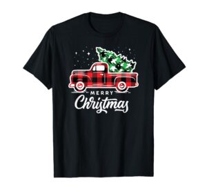 vintage style farm red truck with christmas tree t-shirt