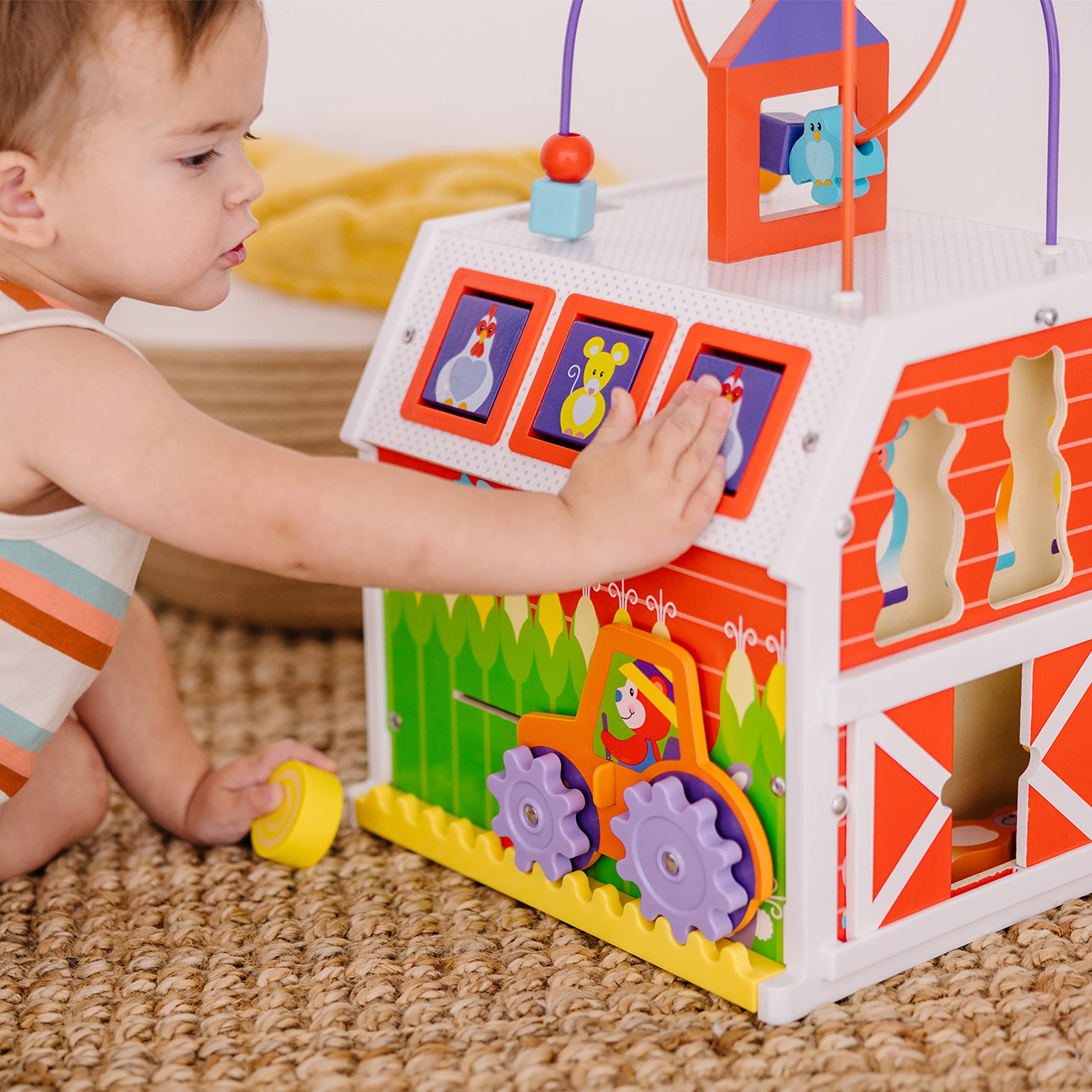 Melissa & Doug First Play Slide, Sort & Roll Wooden Activity Barn with Bead Maze, 6 Wooden Play Pieces (11.75” x 11.75” x 20” Assembled)