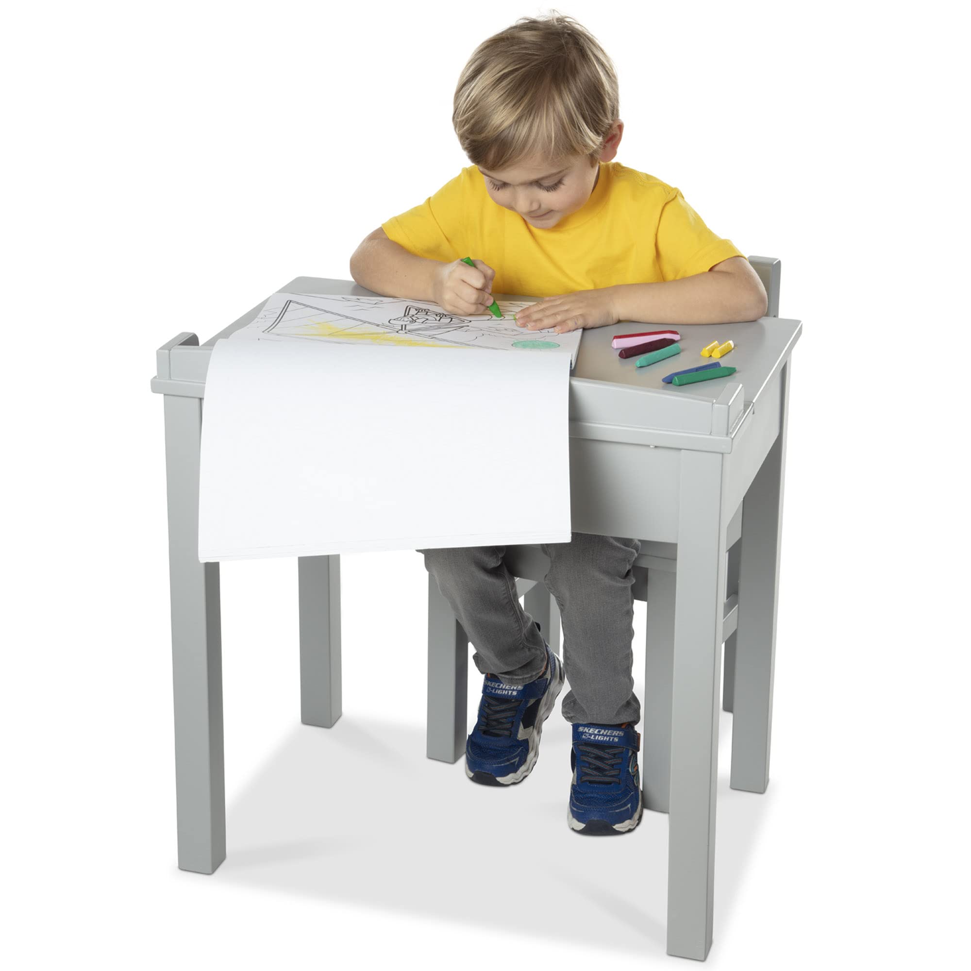 Melissa & Doug Wooden Lift-Top Desk & Chair - Gray , Grey - Toddler And Kids , For Ages 3+ With Self-Containted Storage And Chair Set