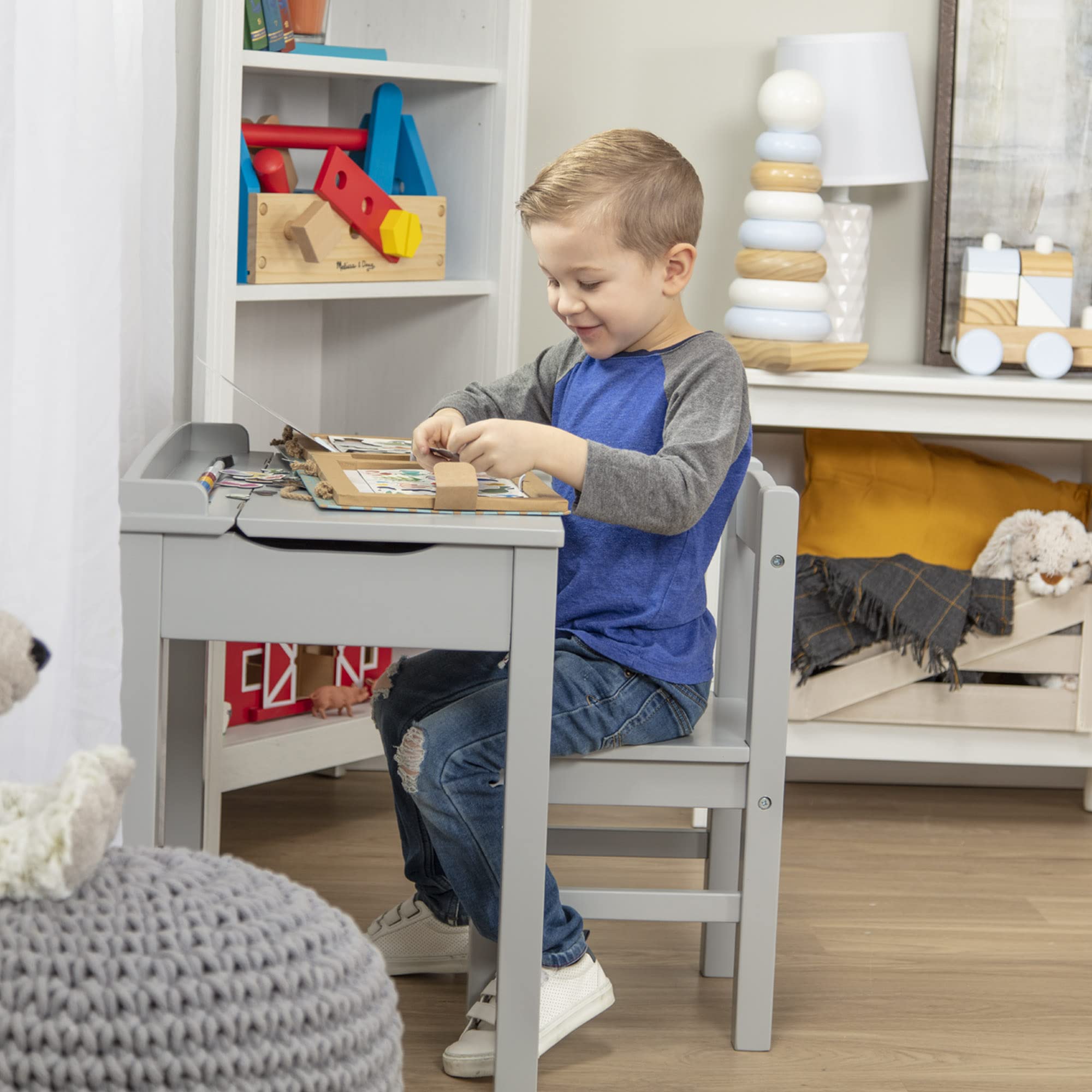 Melissa & Doug Wooden Lift-Top Desk & Chair - Gray , Grey - Toddler And Kids , For Ages 3+ With Self-Containted Storage And Chair Set