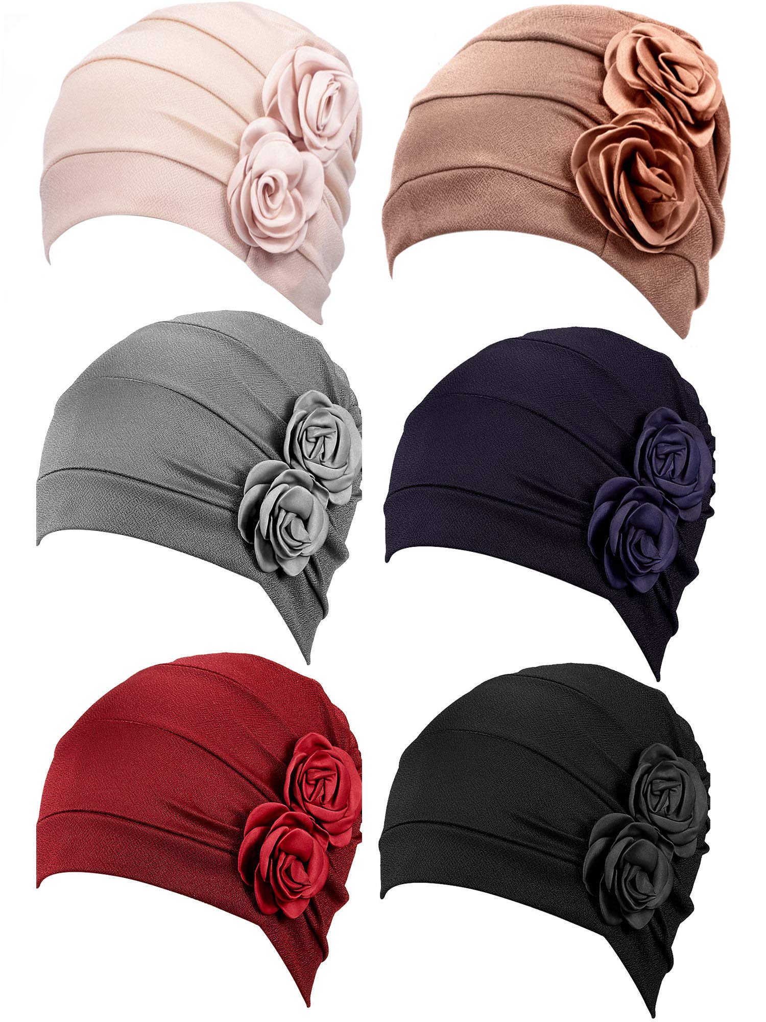 6 Pieces Women Turban Flower Caps Vintage Beanie Headscarf Elastic Headwrap Hat