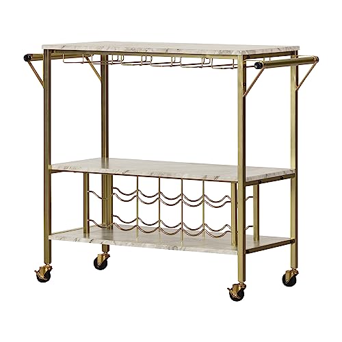 South Shore Maliza Bar Cart Bottle Storage and Wine Glass Rack-Faux Marble and Gold