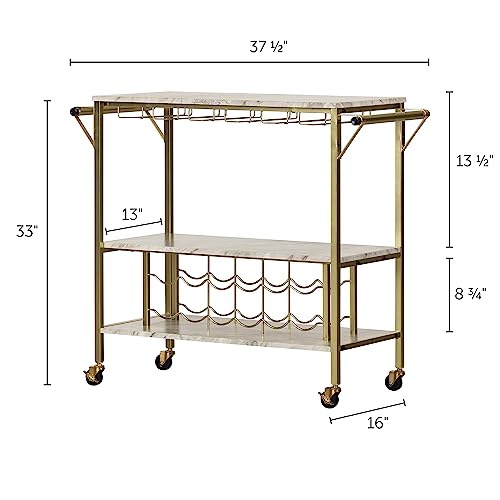 South Shore Maliza Bar Cart Bottle Storage and Wine Glass Rack-Faux Marble and Gold