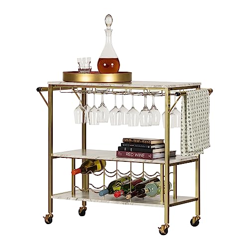 South Shore Maliza Bar Cart Bottle Storage and Wine Glass Rack-Faux Marble and Gold