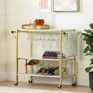 South Shore Maliza Bar Cart Bottle Storage and Wine Glass Rack-Faux Marble and Gold