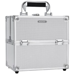 professional makeup train case aluminum makeup box 4-tier trays crafters train case jewelry storage organizer with lockable portable travel makeup storage box for women and girls (bright silver)