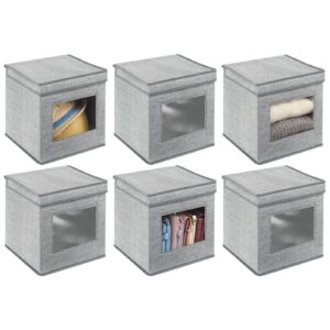 mdesign fabric stackable square cube storage organizer box with window/attached lid for organizing bedroom closet - holds purses, linens, accessories - lido collection - 6 pack - gray