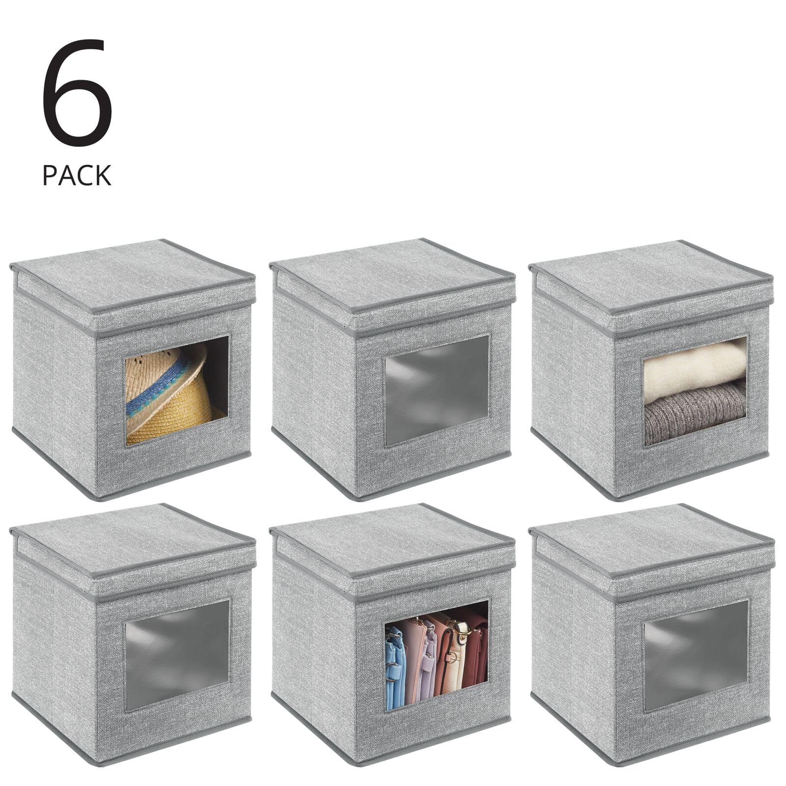 mDesign Fabric Stackable Square Cube Storage Organizer Box with Window/Attached Lid for Organizing Bedroom Closet - Holds Purses, Linens, Accessories - Lido Collection - 6 Pack - Gray