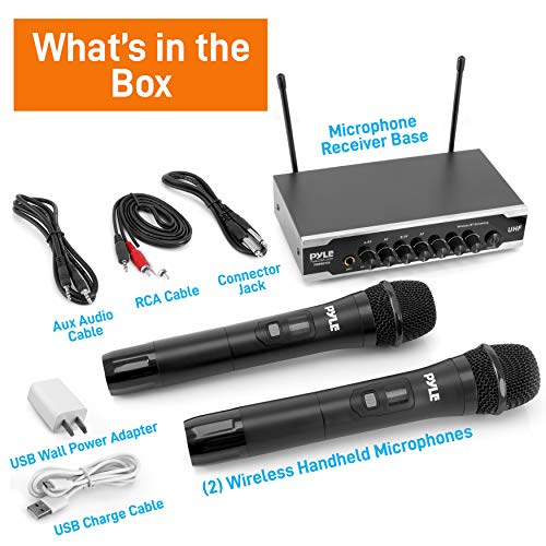 Pyle Portable Uhf Wireless Microphone System - Battery Operated Dual Bluetooth Cordless Microphone Set, Includes 2 Handheld Transmitter mic, Receiver Base, Aux, RCA, for PA Karaoke DJ Party -PDWM2125