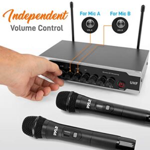 Pyle Portable Uhf Wireless Microphone System - Battery Operated Dual Bluetooth Cordless Microphone Set, Includes 2 Handheld Transmitter mic, Receiver Base, Aux, RCA, for PA Karaoke DJ Party -PDWM2125