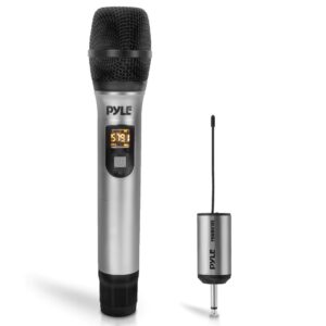 pyle portable uhf wireless microphone system - professional battery operated handheld dynamic unidirectional cordless microphone transmitter set w/adapter receiver, for pa karaoke dj party - pdwmu105