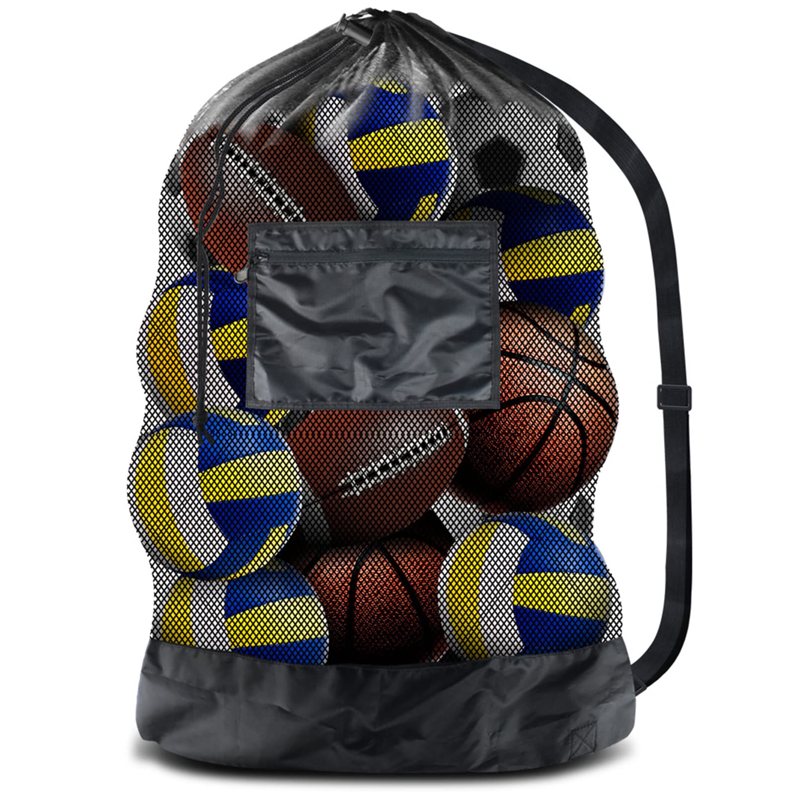 BROTOU Extra Large Sports Ball Bag Mesh Socce Ball Bag Heavy Duty Drawstring Bags Team Work for Holding Basketball, Volleyball, Baseball, Swimming Gear with Shoulder Strap (24” x 36”)