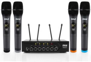 pyle portable uhf wireless microphone system - battery operated four bluetooth cordless microphone set with 50 channels selectable frequency, receiver base, aux, pa karaoke dj party - pyle pdwm4120