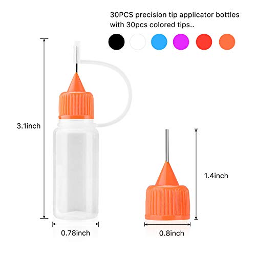 30pcs 10ml Needles Precision Tip Applicator, Translucent Glue Bottles and 6 Color Tips for DIY Quilling Craft, Acrylic Painting, with 5 Funnel