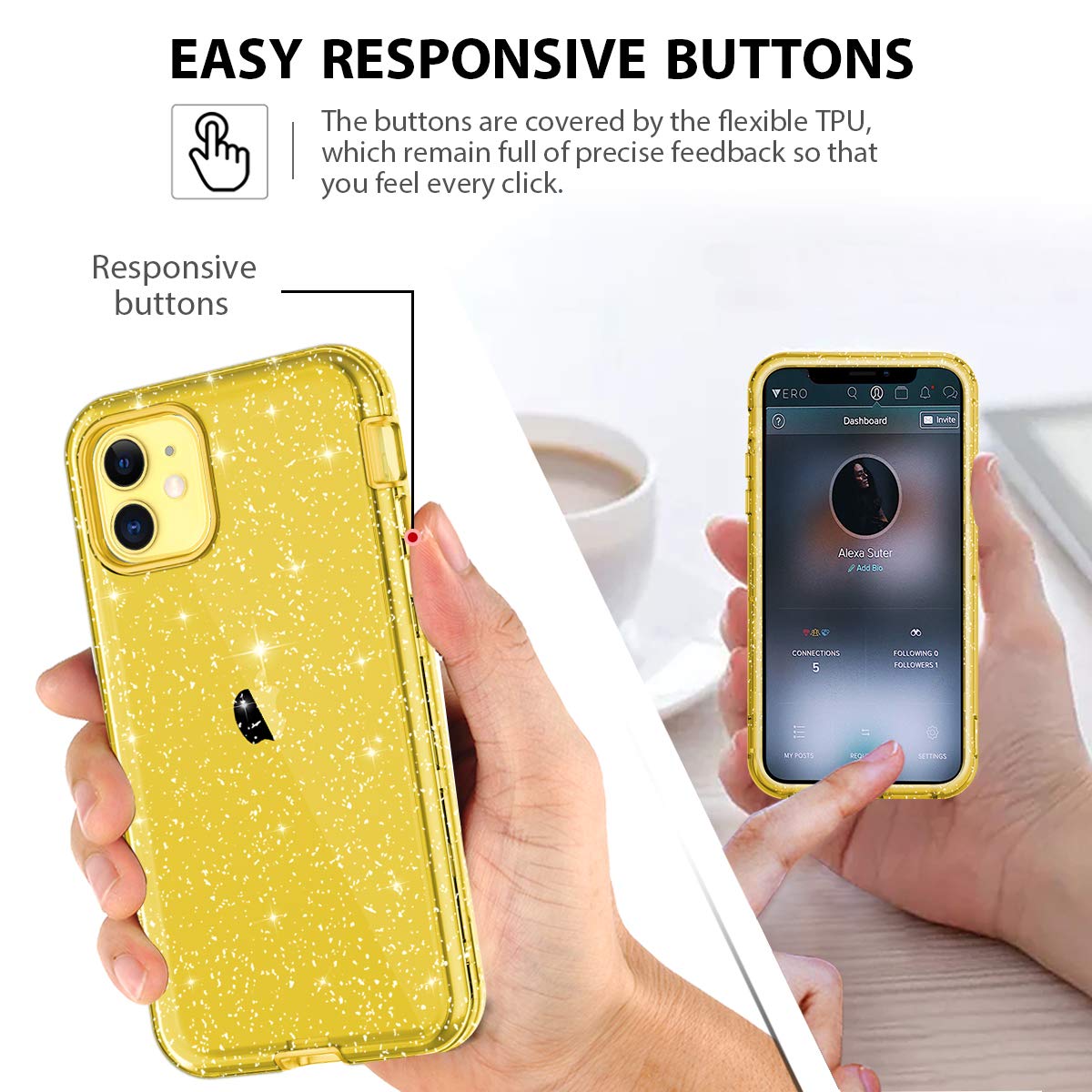 Lamcase iPhone 11 Crystal Clear Glitter Bling, Hybrid 3-Layer Shockproof Protective Cover, Yellow/Silver - 6.1" 2019