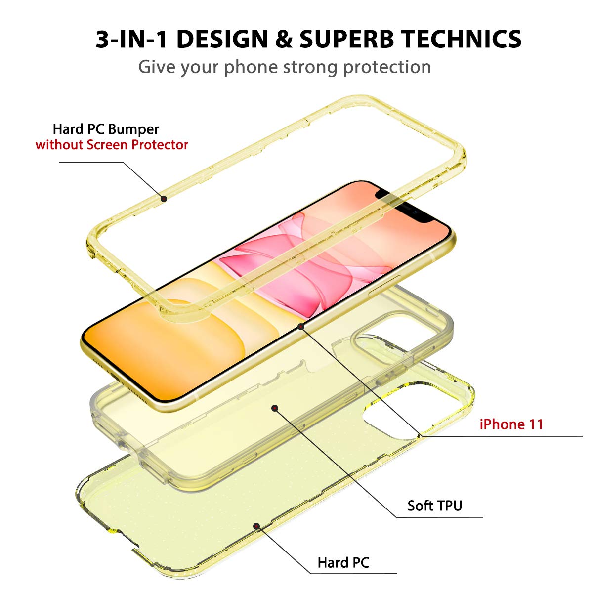 Lamcase iPhone 11 Crystal Clear Glitter Bling, Hybrid 3-Layer Shockproof Protective Cover, Yellow/Silver - 6.1" 2019