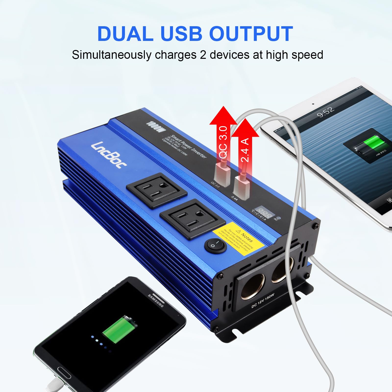 1000W Inverter 12V to 110V, DC to AC Converter, Car Power Inverter with Dual AC Outlets QC3.0 & 2.4A Dual USB Ports Car Charger Adapter