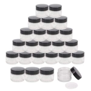bpfy 24 pack 2 oz round clear glass cosmetic jars with inner liners and black lids, travel jars, refillable containers for makeup, cream, lotion, sugar scrubs, eye shadow, slime, paint, jewelry