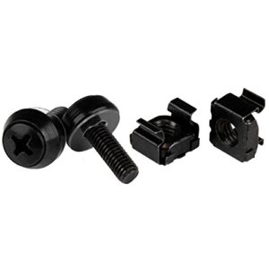 startech.com 50 pack 10-32 server rack cage nuts and screws w/washers - rack mount hardware kit - network/it equipment cabinet clip/captive nuts & bolts for square holes - black - taa (cabscrew1032)