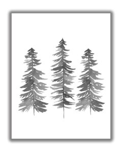 evergreen pine forest trees watercolor wall art - 11x14 unframed abstract modern nordic-look decor print. calming, neutral shades of gray & white.