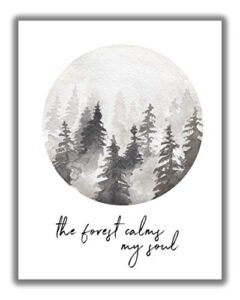 evergreen pine trees in foggy mountain forest watercolor motivational wall art - 11x14 unframed abstract nordic-look decor print. calming, zen, neutral shades of gray & white. the forest calms my soul