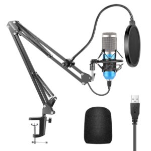 neewer usb microphone kit, 192khz/24bit, plug&play, cardioid condenser mic for podcasting, gaming, singing - blue