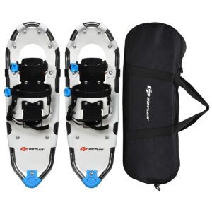 goplus 21"/25"/30" snowshoes for men and women, lightweight aluminum alloy all terrain snow shoes with adjustable ratchet bindings with carrying tote bag (white, 21")