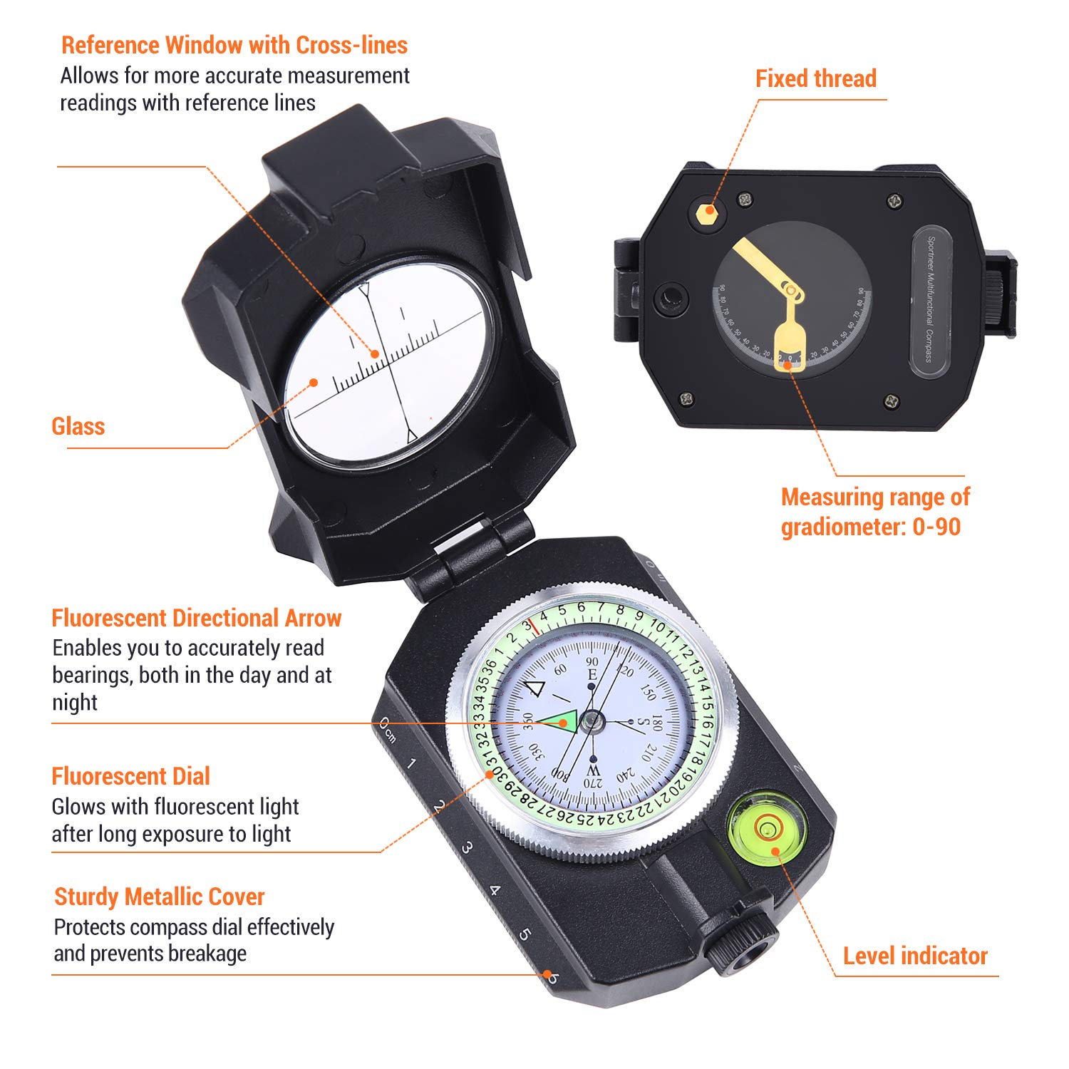 Compass, Sportneer Compass Survival Compass Hiking Military Compass with Inclinometer Waterproof Lensatic Compass Magnetic Compass Boy Scout Compass for Hiking Camping Hunting with Carry Bag