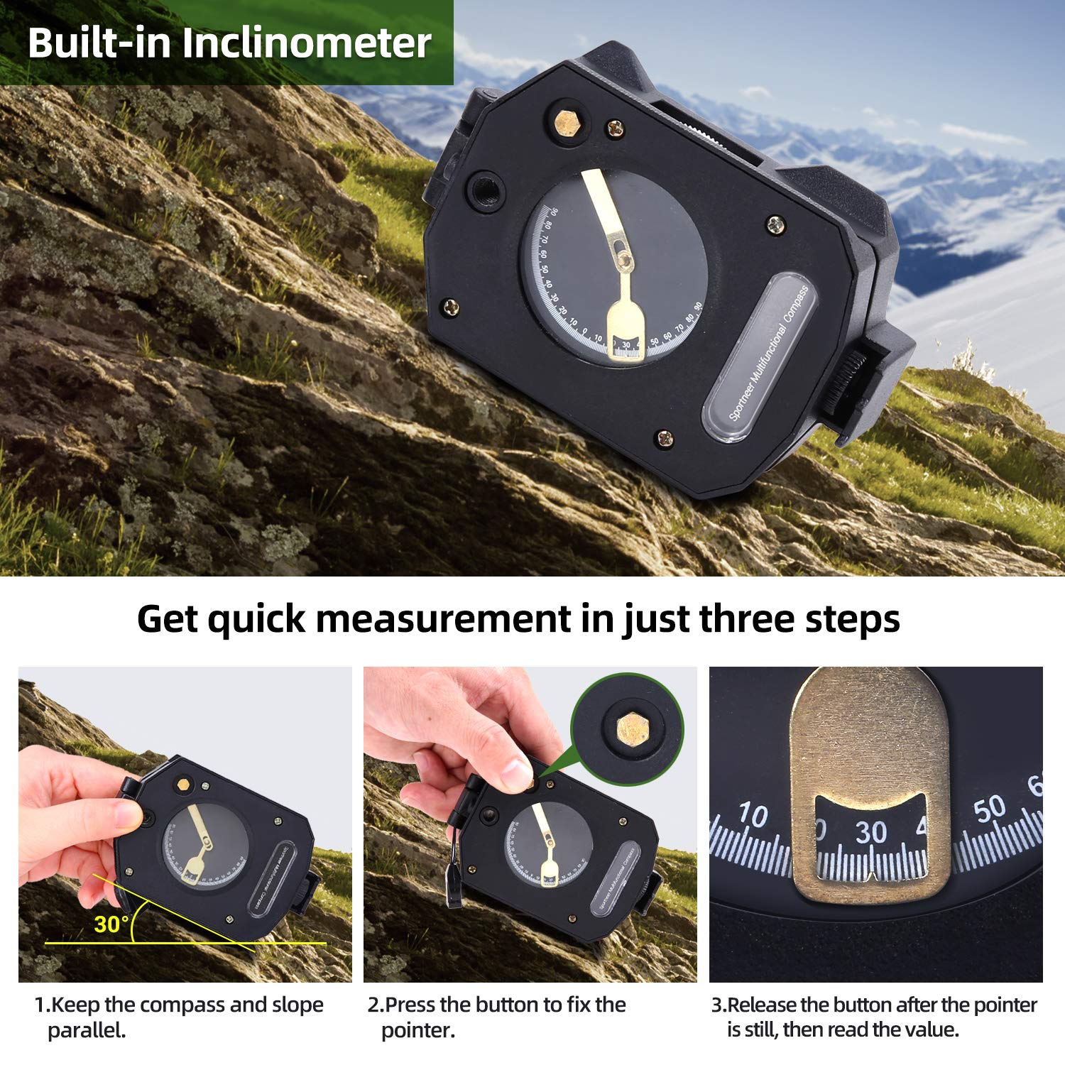 Compass, Sportneer Compass Survival Compass Hiking Military Compass with Inclinometer Waterproof Lensatic Compass Magnetic Compass Boy Scout Compass for Hiking Camping Hunting with Carry Bag